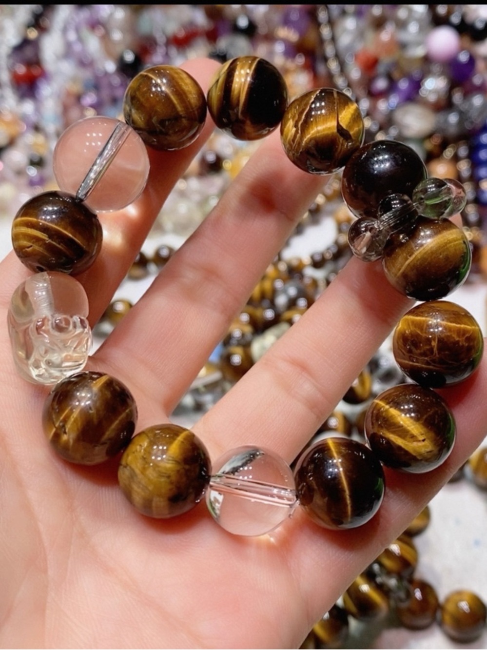 Tiger Eye and Clear Quartz Beaded Stretch Bracelet High Quality - 14mm